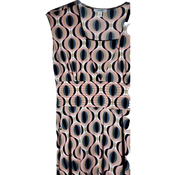 Retro Mod Geometric Print Midi Dress Sleeveless Pleated Waist Medium size 10 - Picture 3 of 12